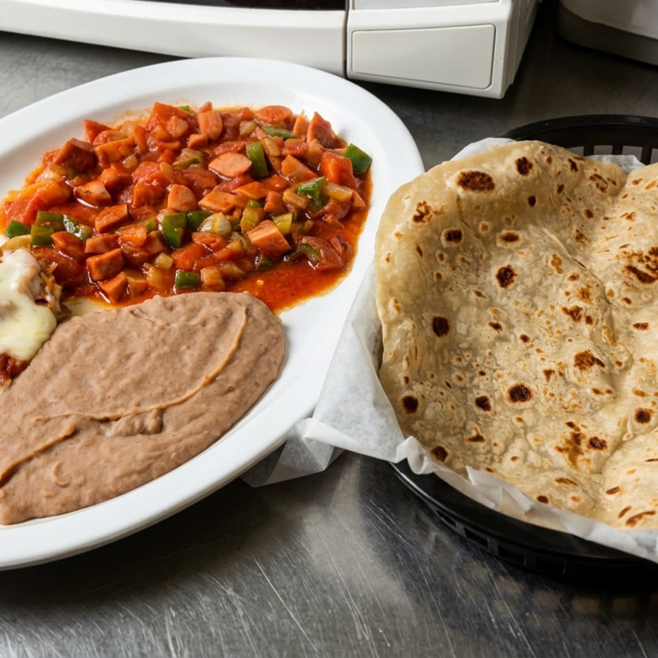 Mexican-style plate with cheesy tortilla chips, refried beans, stewed vegetables, and toasted flour tortillas on a metal table.