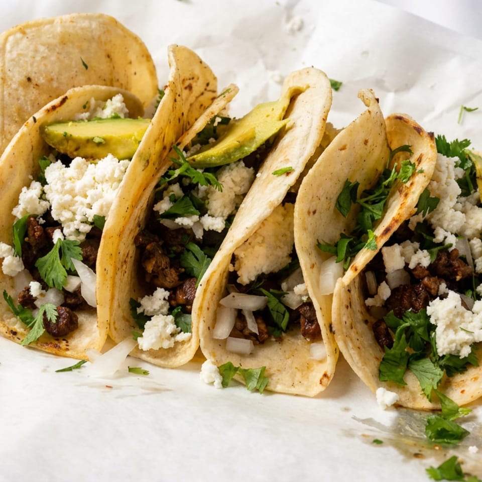Five corn tacos filled with seasoned meat, avocado, crumbled cheese, onions, and cilantro on white paper.
