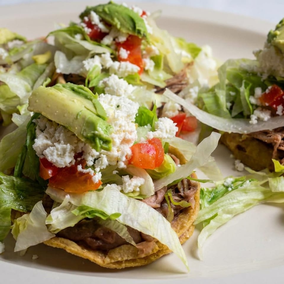 Three Mexican-style tostadas topped with shredded lettuce, refried beans, tomatoes, avocado, and crumbled white cheese on a plate.