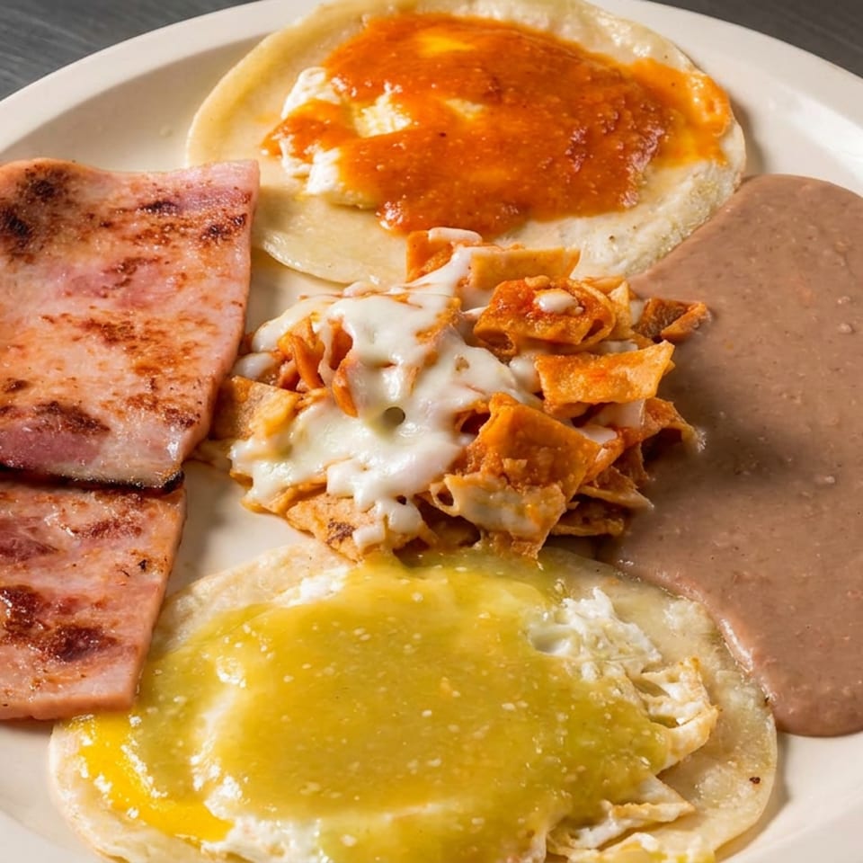 Mexican breakfast plate with grilled ham, eggs topped with red and green salsa, refried beans, and cheesy tortilla chips.